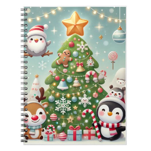een notitieboek met een kerstboom en een leuk kara (Voorkant)