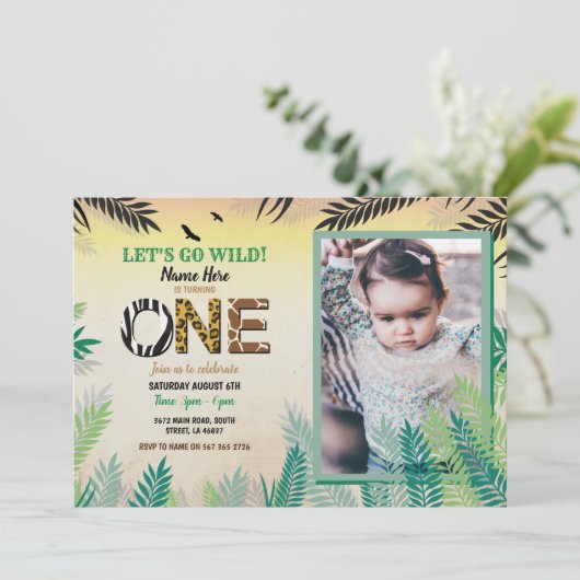 Een Oerwoud 1e Verjaardagsfeest Safari ZOO Foto Kaart (Staand voorkant)