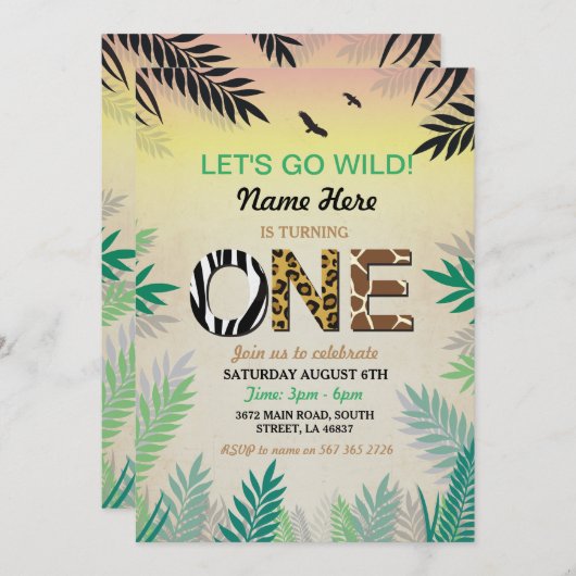 Een Oerwoud 1e Verjaardagsfeest Safari ZOO Uitnodi Kaart (Voorkant / Achterkant)