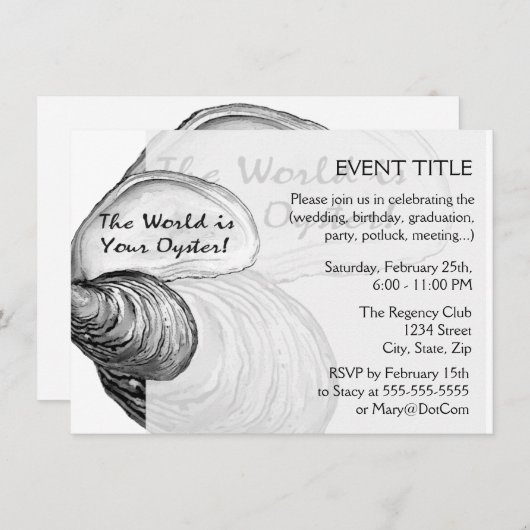 Een oester schelp met gezegde: "De wereld is jouw  Kaart (Voorkant / Achterkant)