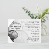 Een oester schelp met gezegde: "De wereld is jouw  Kaart (Staand voorkant)