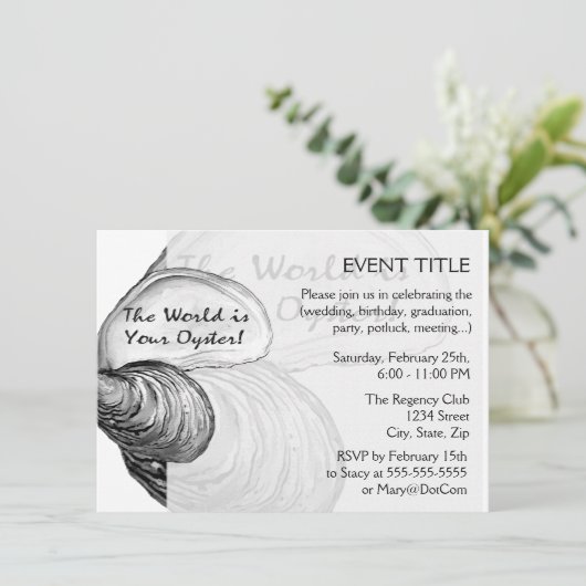 Een oester schelp met gezegde: "De wereld is jouw  Kaart (Staand voorkant)