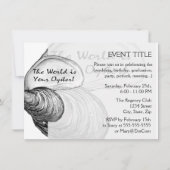 Een oester schelp met gezegde: "De wereld is jouw  Kaart (Voorkant)