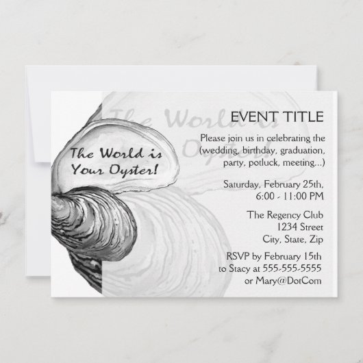 Een oester schelp met gezegde: "De wereld is jouw  Kaart (Voorkant)