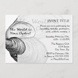 Een oester schelp met gezegde: "De wereld is jouw  Kaart