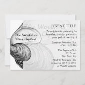 Een oester schelp met gezegde: "De wereld is jouw  Kaart (Voorkant)