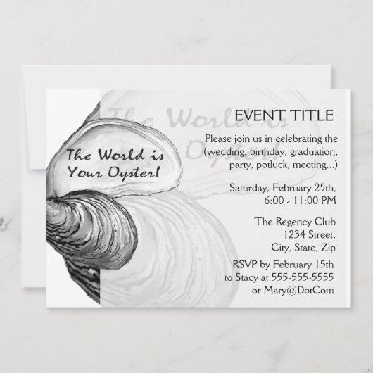 Een oester schelp met gezegde: "De wereld is jouw  Kaart (Voorkant)