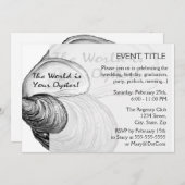 Een oester schelp met gezegde: "De wereld is jouw  Kaart (Voorkant / Achterkant)