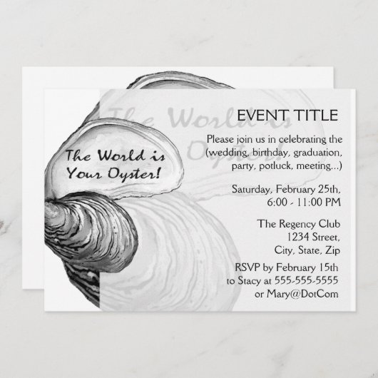 Een oester schelp met gezegde: "De wereld is jouw  Kaart (Voorkant / Achterkant)