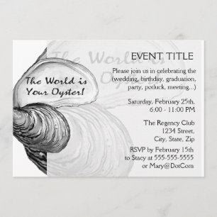 Een oester schelp met gezegde: "De wereld is jouw  Kaart
