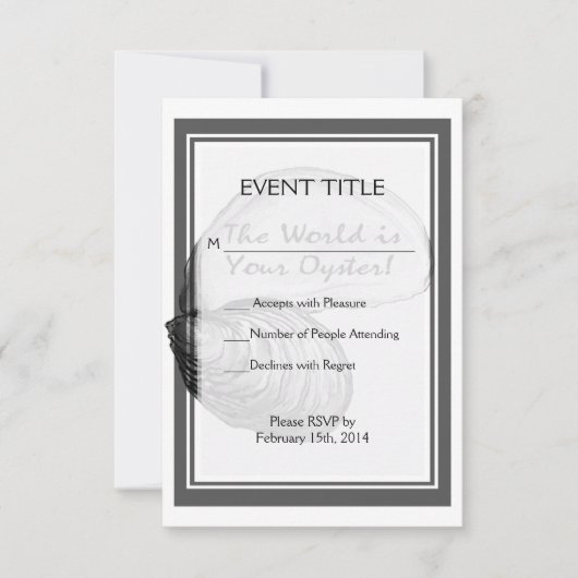 Een oester schelp met gezegde: "De wereld is jouw  RSVP Kaartje (Voorkant)