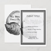 Een oester schelp met gezegde: "De wereld is jouw  RSVP Kaartje (Voorkant / Achterkant)