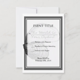 Een oester schelp met gezegde: "De wereld is jouw RSVP Kaartje