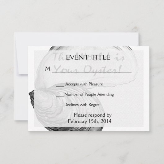 Een oester schelp met gezegde: "De wereld is jouw RSVP Kaartje (Voorkant)