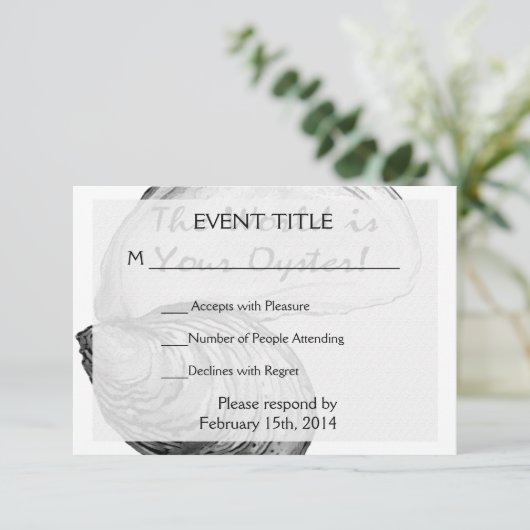 Een oester schelp met gezegde: "De wereld is jouw  RSVP Kaartje (Staand voorkant)