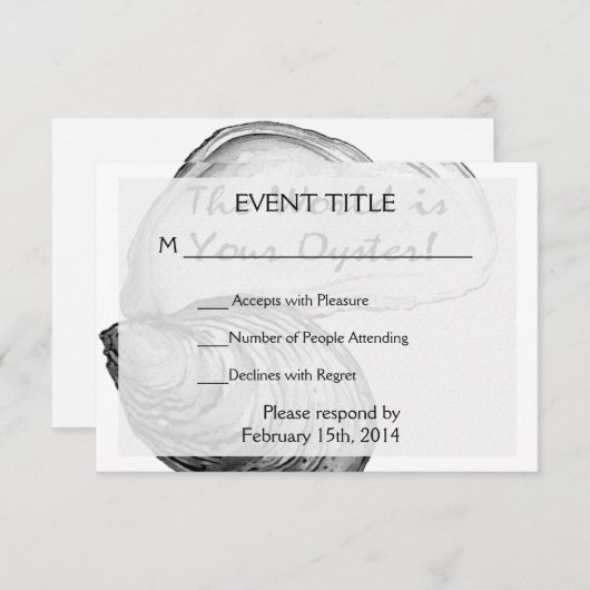 Een oester schelp met gezegde: "De wereld is jouw  RSVP Kaartje (Voorkant / Achterkant)