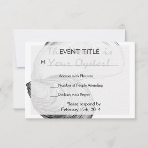 Een oester schelp met gezegde: "De wereld is jouw  RSVP Kaartje