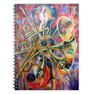 Een oliesschilderij op canvas. Muziek, het meisje Notitieboek