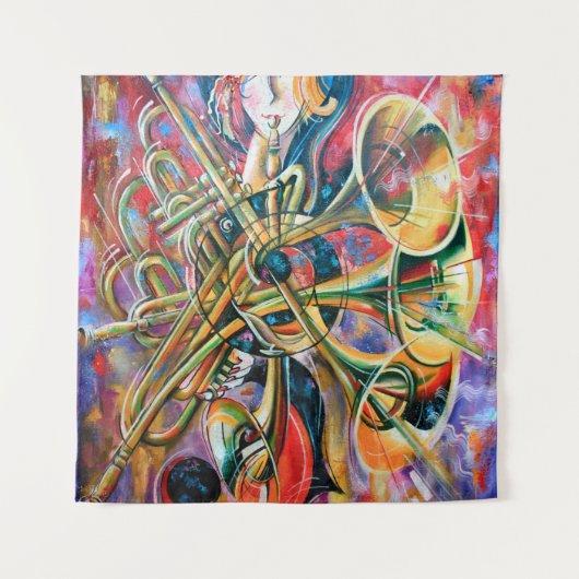 Een oliesschilderij op canvas. Muziek, het meisje  Wandkleed (Voorkant)