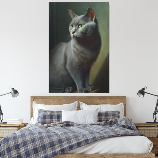 Een oliesschilderij van een Russische blauwe kat Canvas Afdruk (Insitu (Slaapkamer))