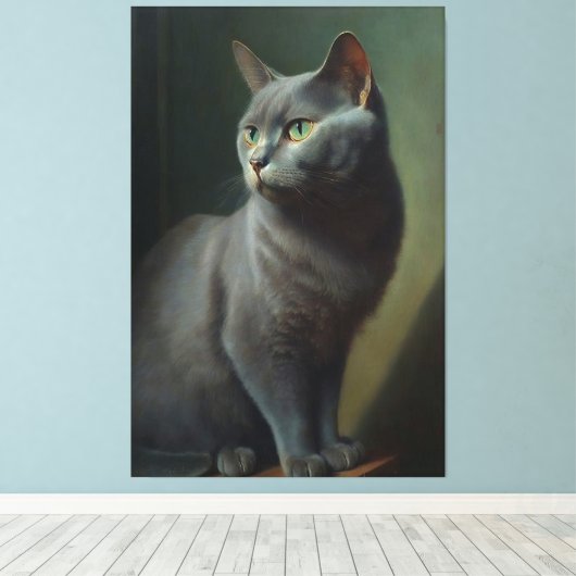 Een oliesschilderij van een Russische blauwe kat Canvas Afdruk (Insitu (Houten vloer))