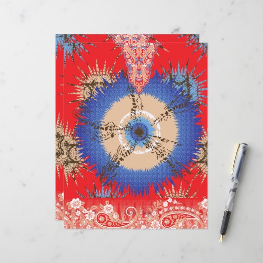 Een ontwerp van een rode achtergrond met een blauw (Voorkant / Achterkant in situ)