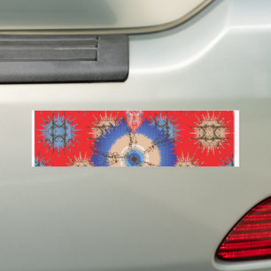 Een ontwerp van een rode achtergrond met een blauw bumpersticker