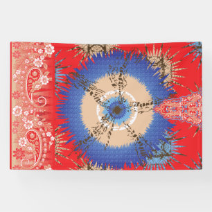 Een ontwerp van een rode achtergrond met een blauw spandoek