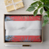 Een ontwerp van een rode achtergrond met een blauw tissuepapier (Geschenk)