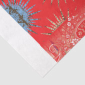 Een ontwerp van een rode achtergrond met een blauw tissuepapier (Detail)