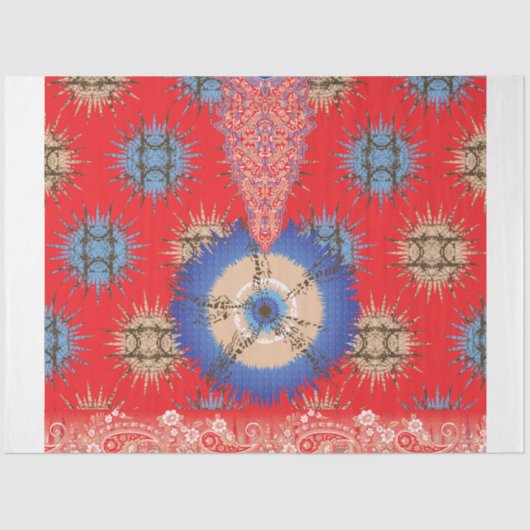 Een ontwerp van een rode achtergrond met een blauw tissuepapier (Voorkant)