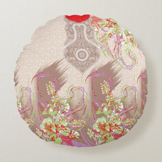 Een ontwerp van een rode vaas met bloemen erop rond kussen (Voorkant)