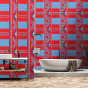 Een ontwerp van een rood en blauw patroon behang