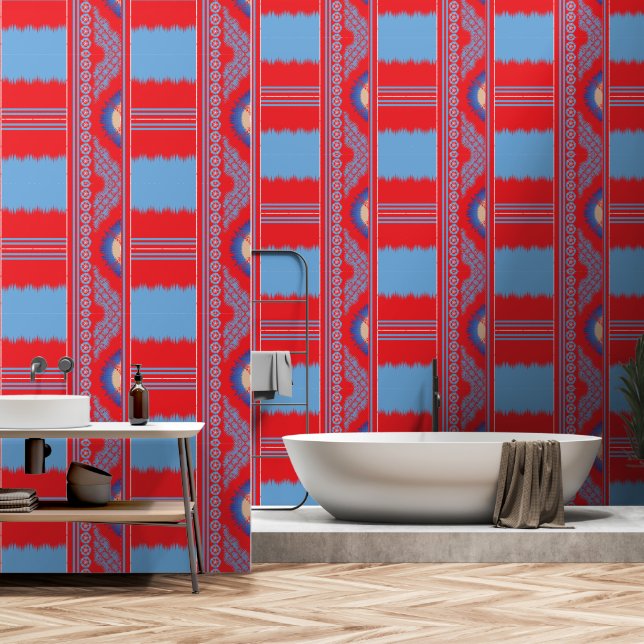 Een ontwerp van een rood en blauw patroon behang (Badkamer)