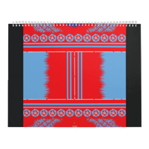 Een ontwerp van een rood en blauw patroon kalender
