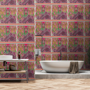 Een ontwerp van een roze en bruin paisley patroon behang