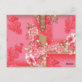 Een ontwerp van een roze en gouden achtergrond met briefkaart (Achterkant)