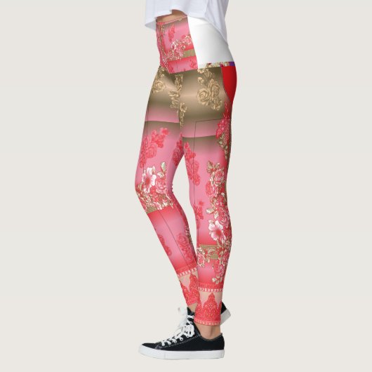 Een ontwerp van een roze en gouden achtergrond met leggings (Links)