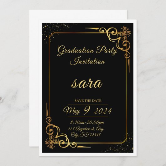 Een oogverblindende zwarte en gouden afstudeerfees kaart (Voorkant / Achterkant)