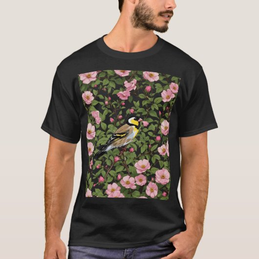 Een oostelijke goudvink tussen roze gekleurde wild t-shirt (Voorkant)