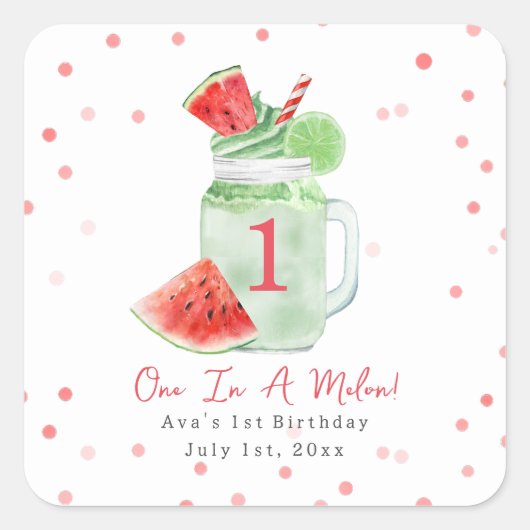 Een op de Melon Birthday party Watermelon Smoothie Vierkante Sticker (Voorkant)