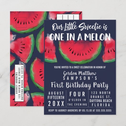 Eén op de Melon Waterverf Watermelon 1 op de geboo Uitnodiging Briefkaart (Voorkant / Achterkant)