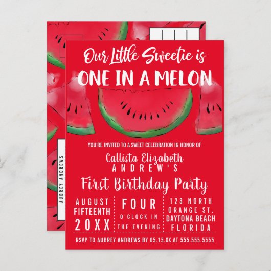 Eén op de Melon Waterverf Watermelon 1 op de geboo Uitnodiging Briefkaart (Voorkant / Achterkant)