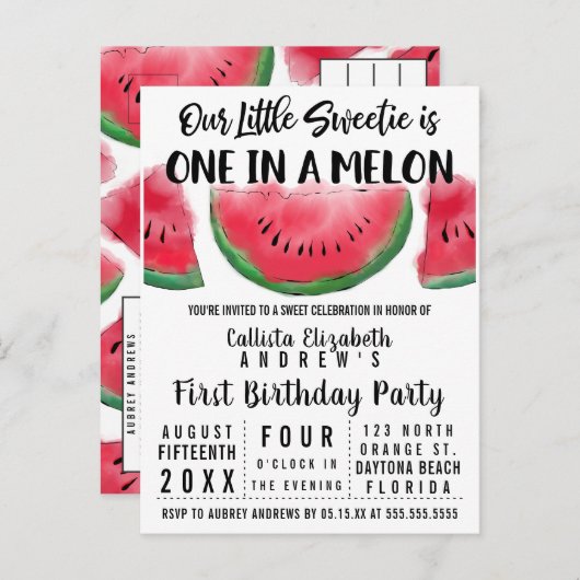 Eén op de Melon Waterverf Watermelon 1 op de geboo Uitnodiging Briefkaart (Voorkant / Achterkant)
