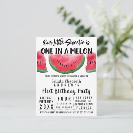 Eén op de Melon Waterverf Watermelon 1 op de geboo Uitnodiging Briefkaart (Staand voorkant)
