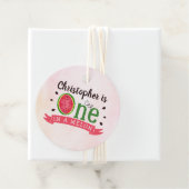 Eén op een meloen op de eerste verjaardag bedankjes labels (In situ)