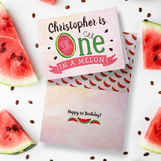 Eén op een meloen op de eerste verjaardag kaart