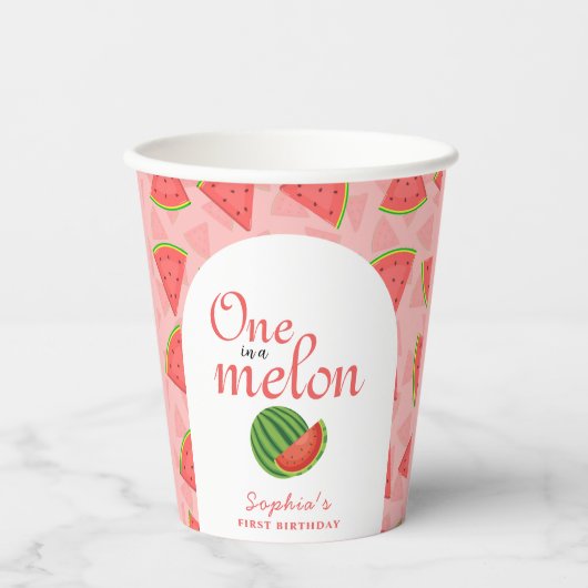 Eén op een meloen op de eerste verjaardag papieren bekers (Voorkant)