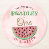 Eén op een meloen op de eerste verjaardag ronde kartonnen onderzetter (Voorkant)