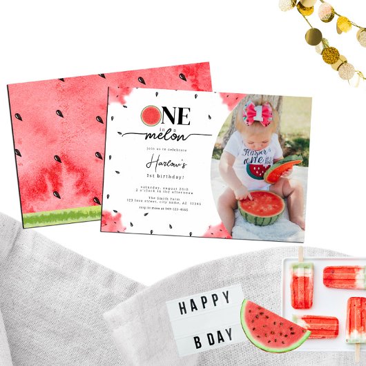 Eén op een Melon Foto 1st Birthday Uitnodiging